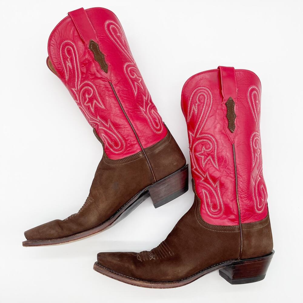Lucchese Women’s 10 Brown Suede Red Leather Colorblock Snip Toe Cowgirl Boots - Picture 4 of 11